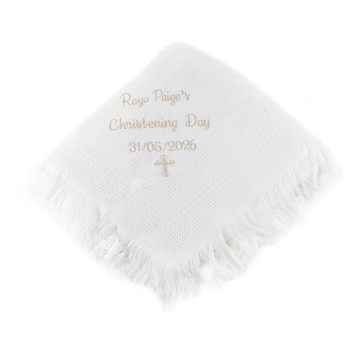 Personalised White Baby Shawl – Christening Shawl with Name & Date