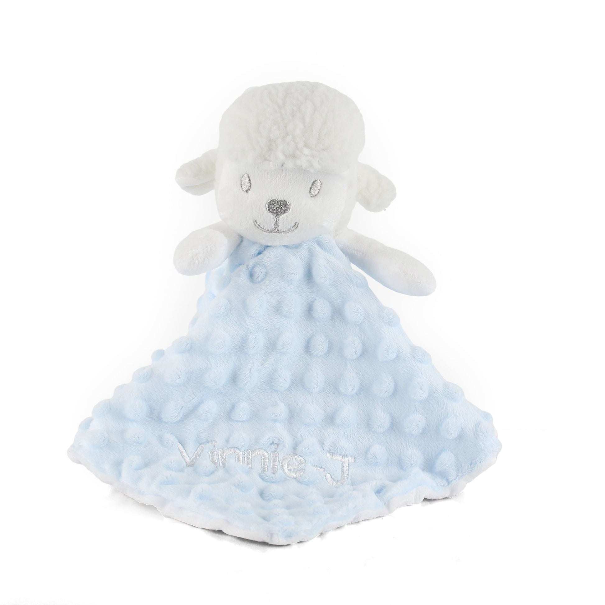 Personalised blue lamb baby comforter with embroidered name in soft plush fabric