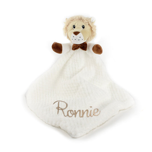 Plush lion comforter personalised 'Ronnie' on a white background