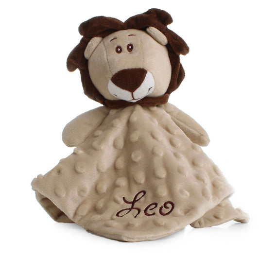 Plush lion toy baby boy personalised comforter with name  'Leo' embroidery on a white background