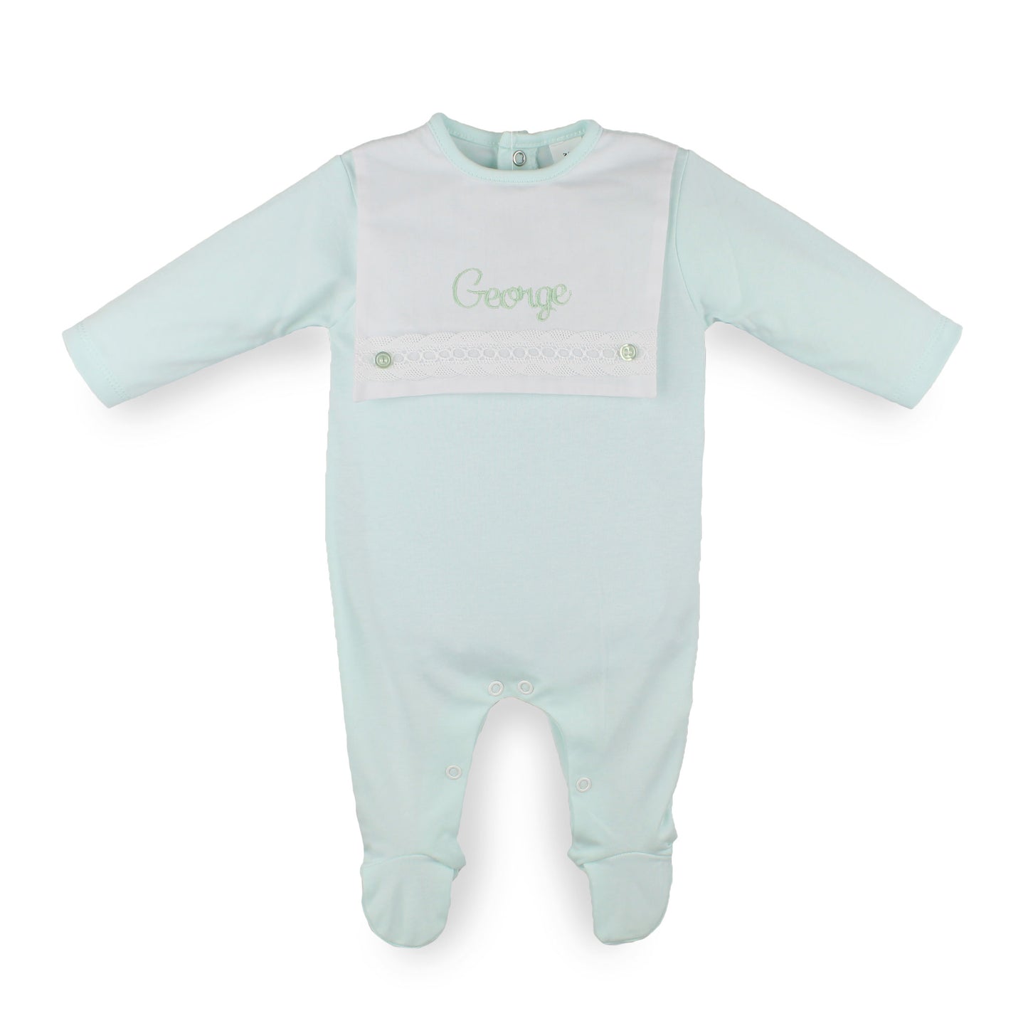 Personalised baby boys mint footed sleepsuit with embroidered name, white bib front, lace trim and decorative buttons, made from 100% cotton in Portugal.