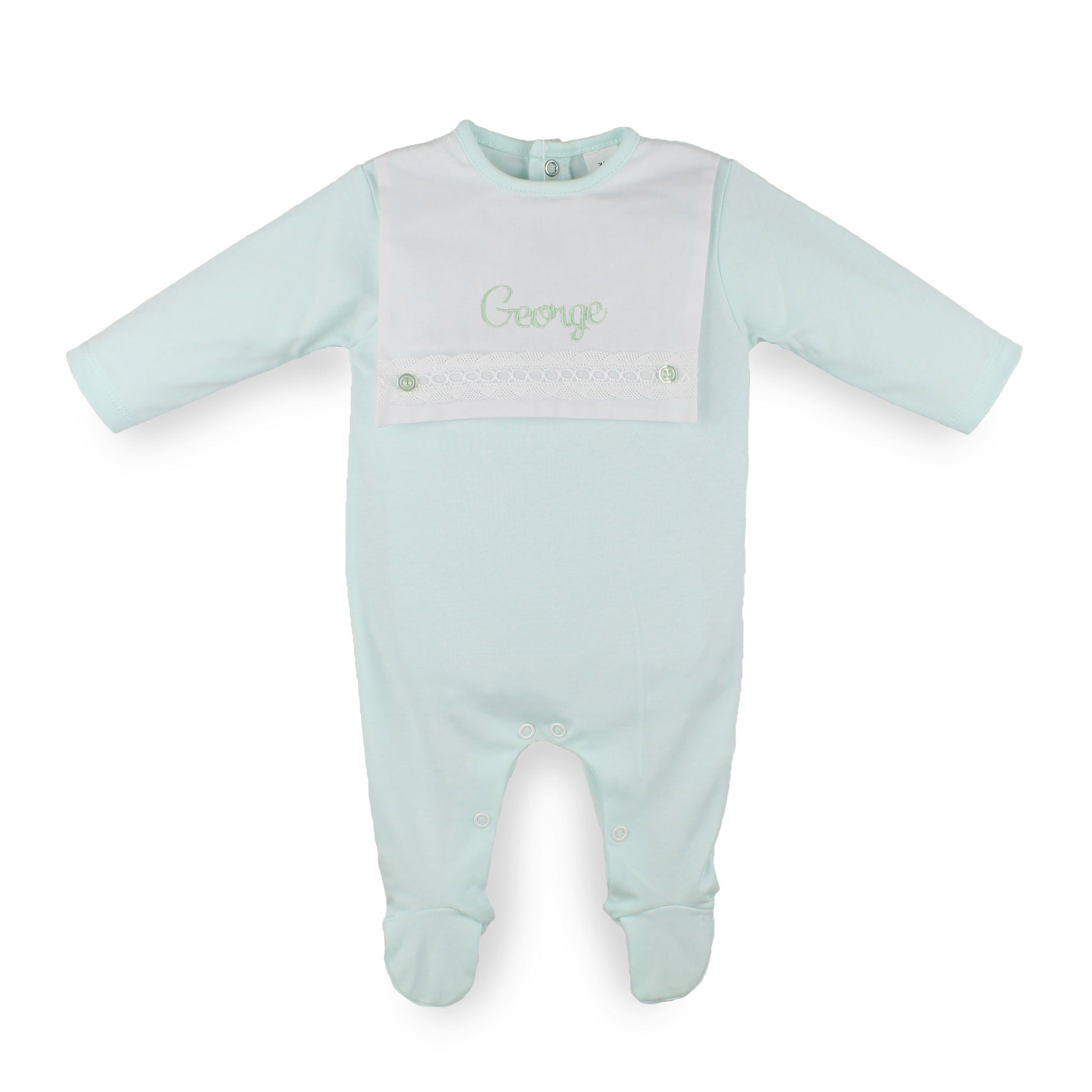 Personalised baby boys mint footed sleepsuit with embroidered name, white bib front, lace trim and decorative buttons, made from 100% cotton in Portugal.