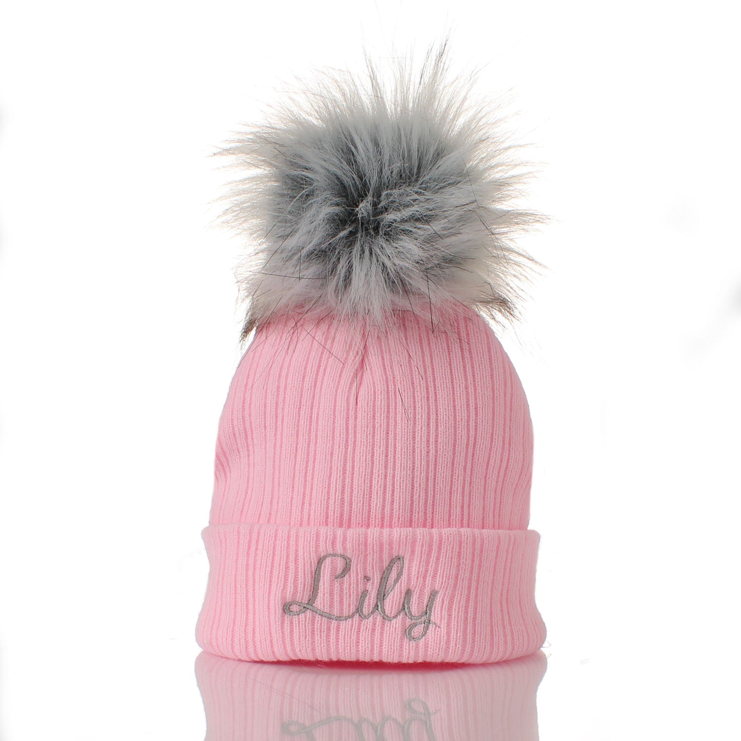 baby girl pink personalised hat with fur pom