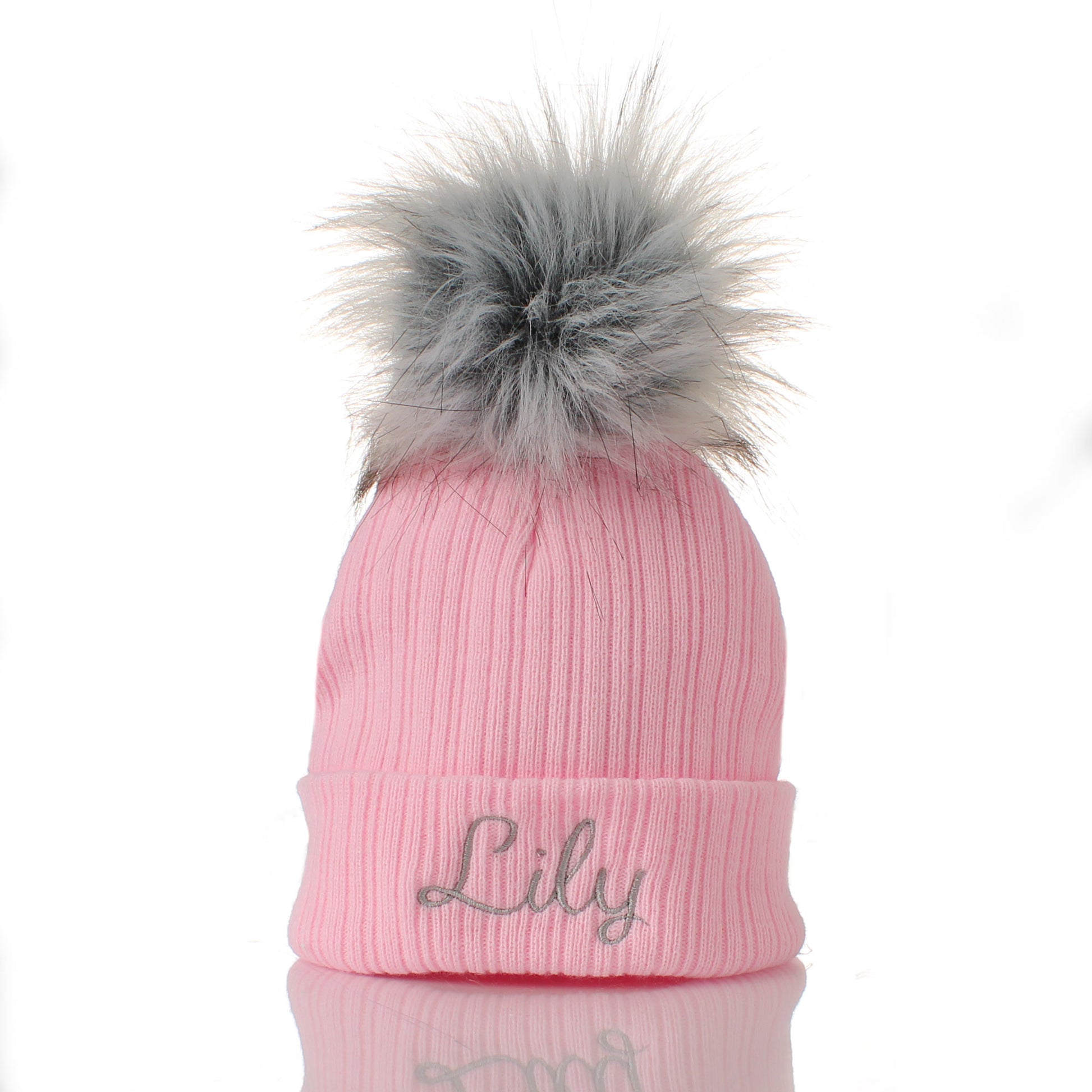 baby girl pink personalised hat with fur pom
