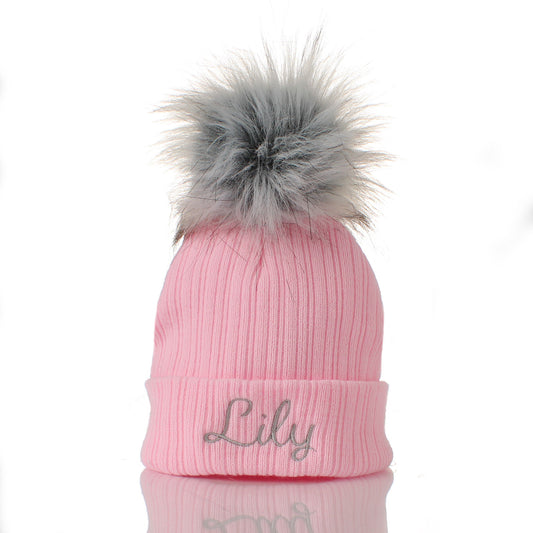 baby girl pink personalised hat with fur pom