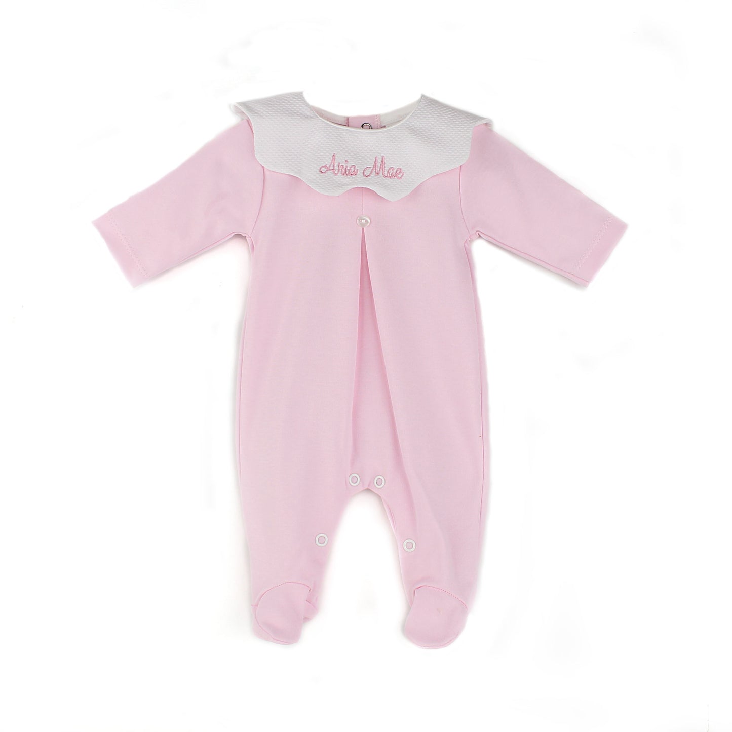 Personalised pink baby girl sleepsuit with scalloped white collar and embroidered baby name