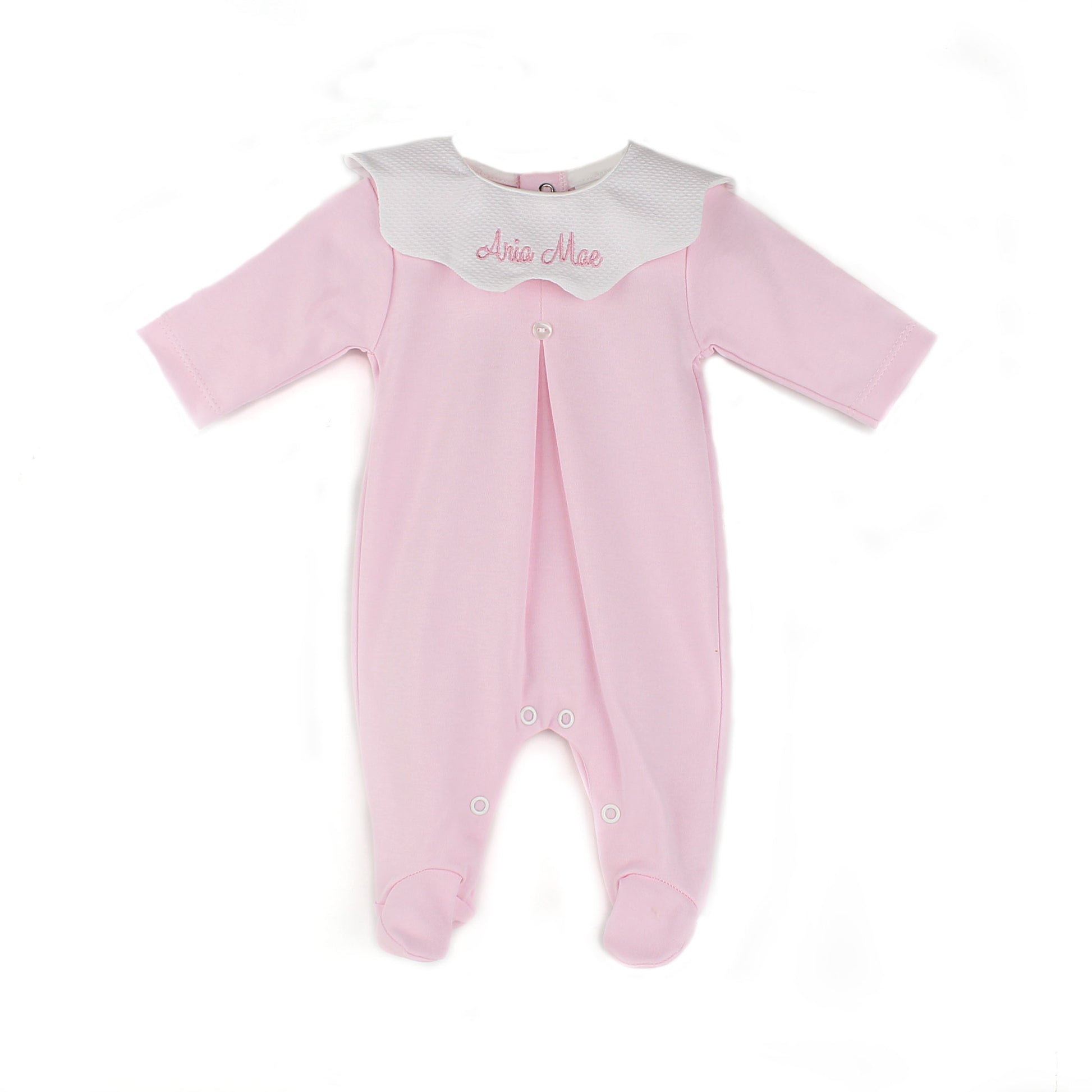 Personalised pink baby girl sleepsuit with scalloped white collar and embroidered baby name