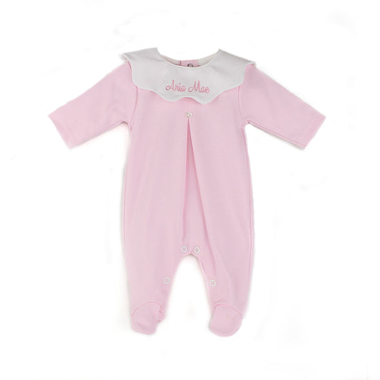 Personalised pink baby girl sleepsuit with scalloped white collar and embroidered baby name
