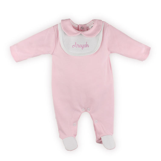 Personalised Pink Baby Sleepsuit with Bib Front Detail – Made in Portugal