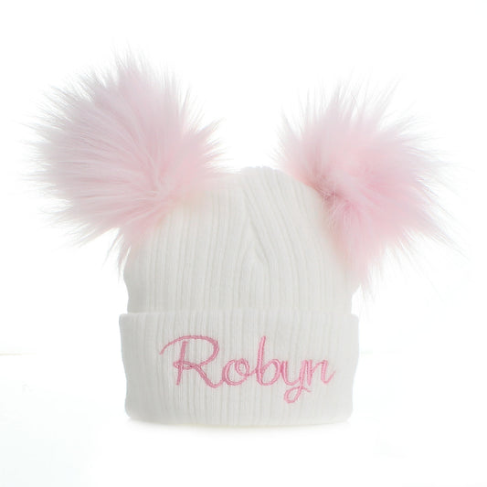 Personalised Baby Double Pom Hat - White Pink