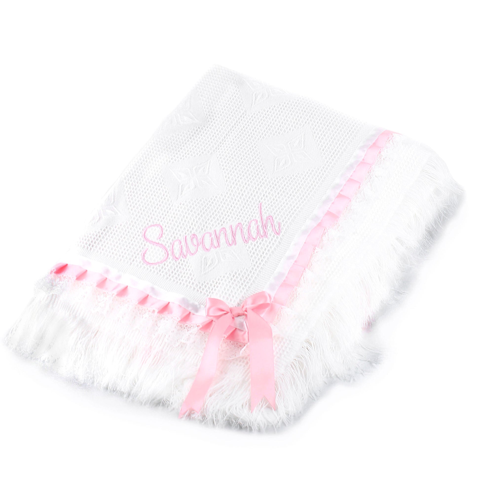personalised baby shawl with lace and ribbons