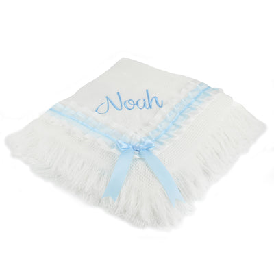 Personalised White Baby Shawl with Blue Ribbon – Christening Shawl