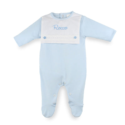 Personalised Baby Boys Blue Sleepsuit – 100% Cotton – Made in Portugal