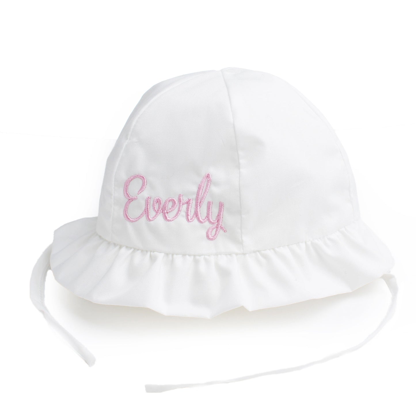 White sun hat with 'Everly' embroidered on it against a white background