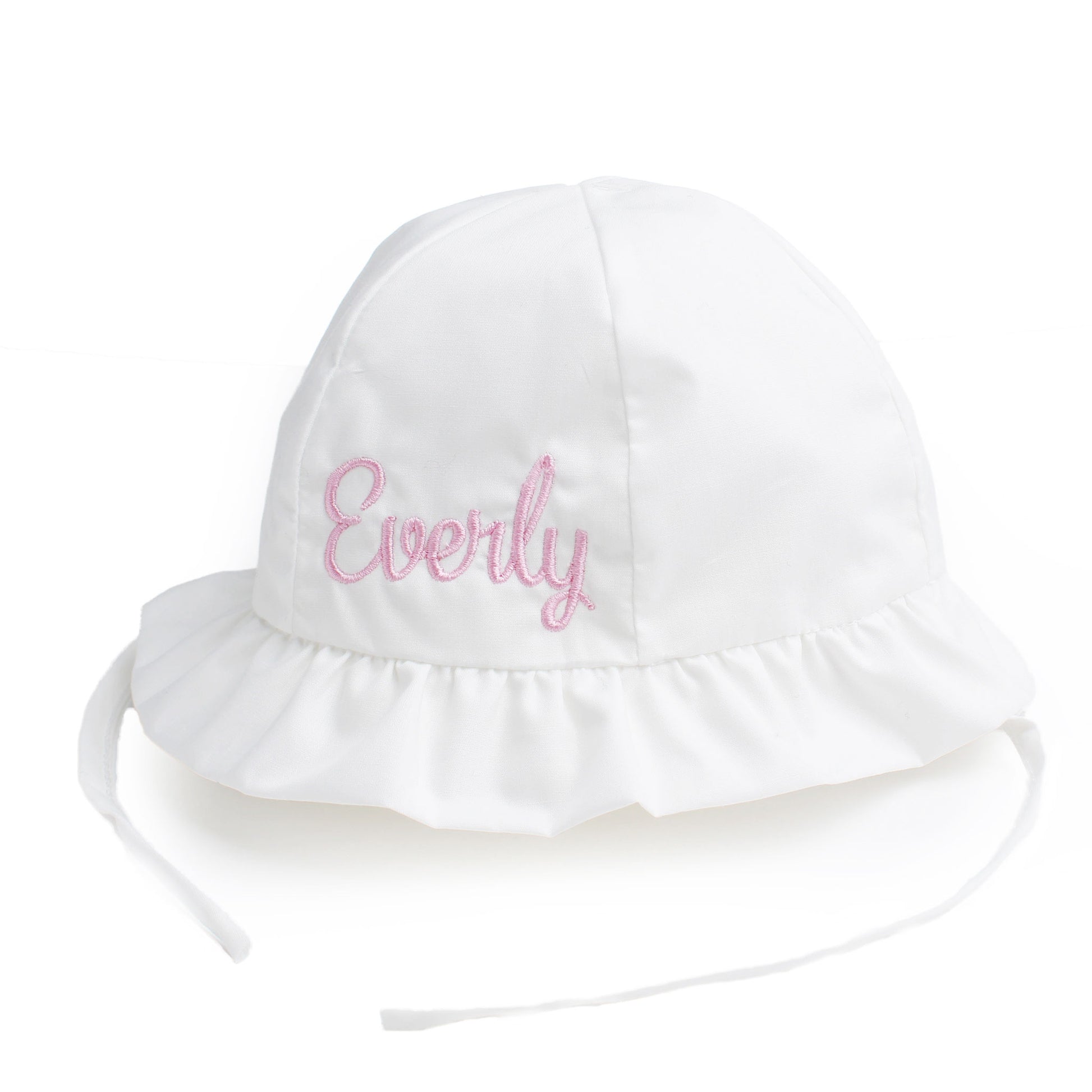 White sun hat with 'Everly' embroidered on it against a white background