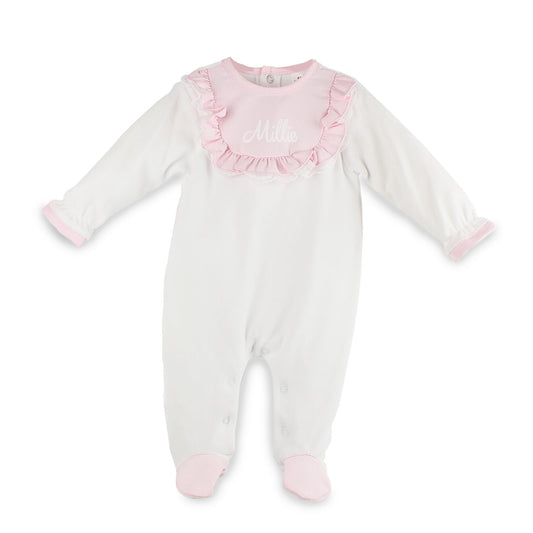 Personalised White / Pink Velour Baby Sleepsuit