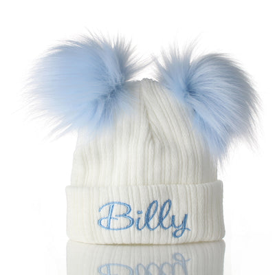 Personalised Baby Double Pom Hat - White Blue