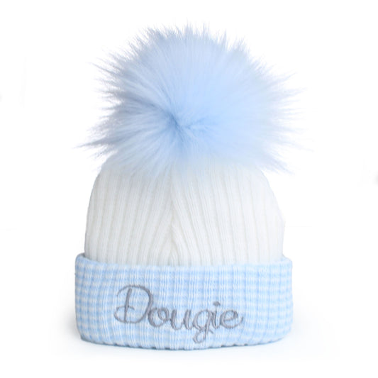 personalised first size newborn baby hat white blue