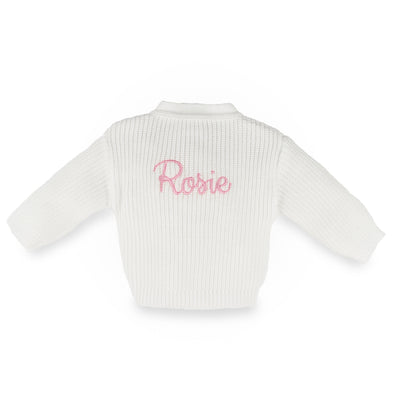 Personalised White Knitted Baby Cardigan – Dandelion Portugal
