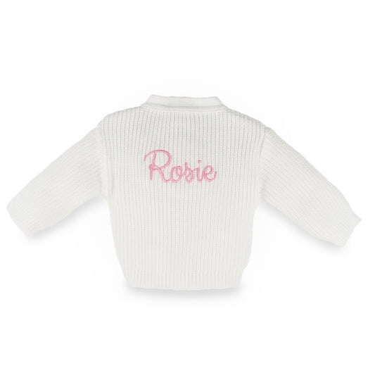 personalised baby cardigan in white with baby name