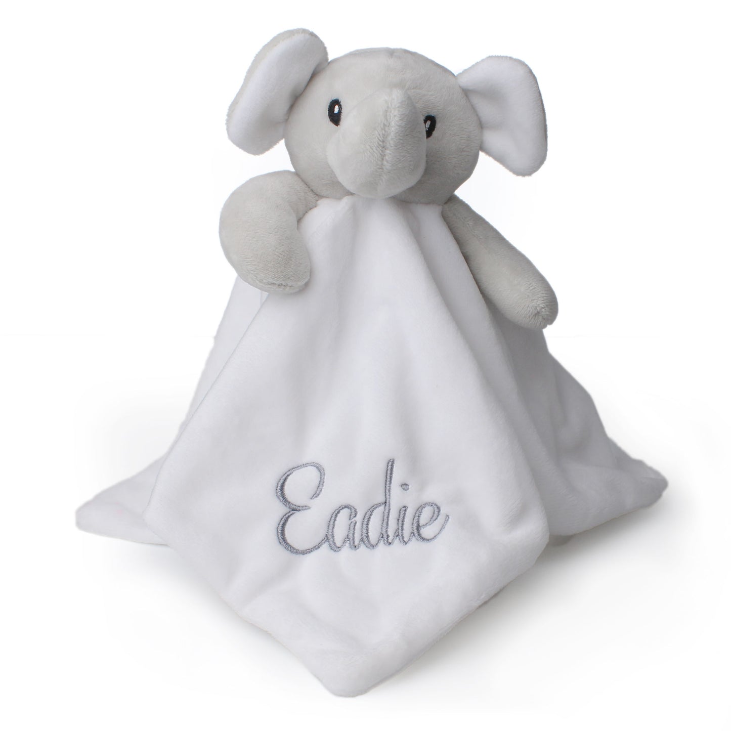 Personalised white elephant baby comforter with embroidered name in soft plush fabric