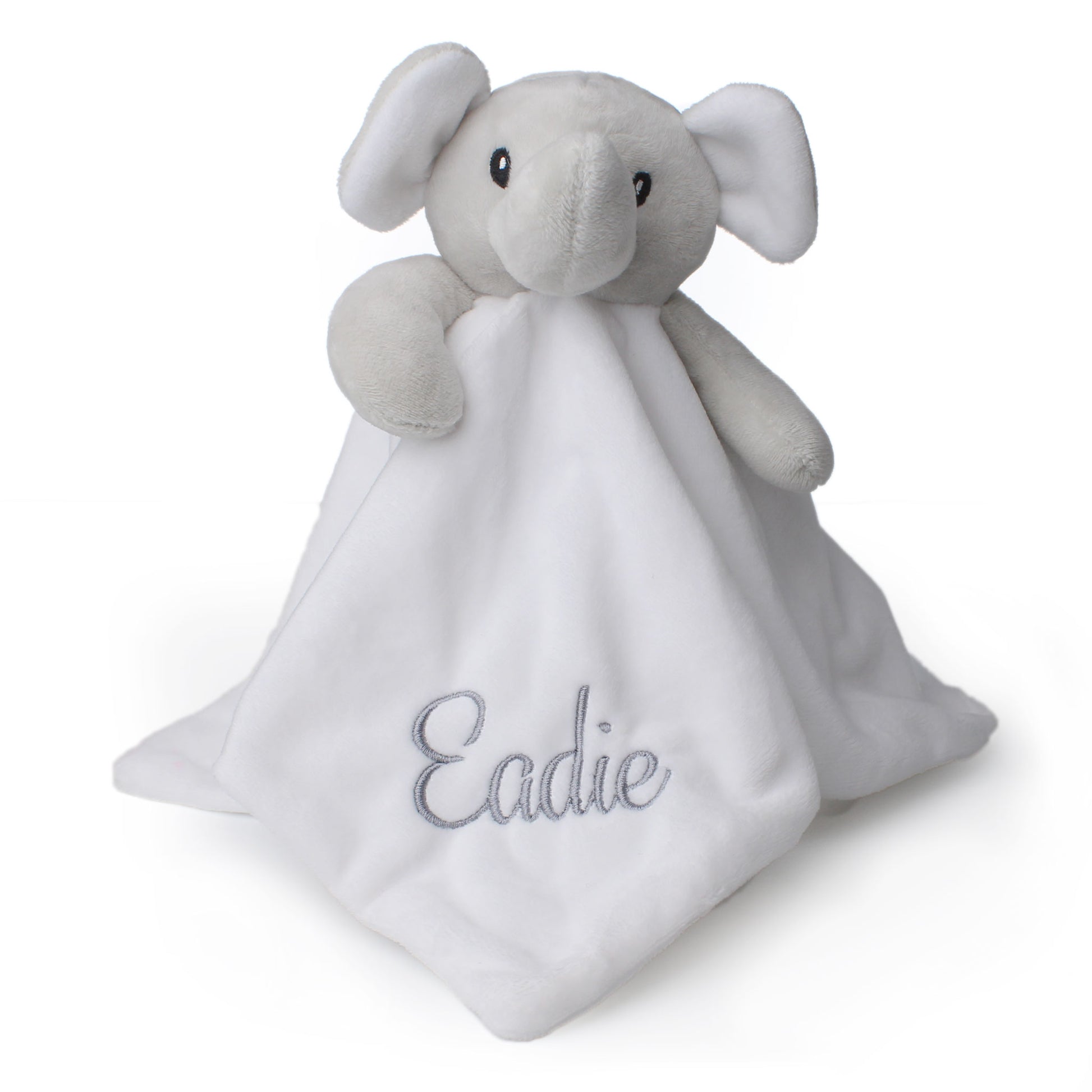 Personalised white elephant baby comforter with embroidered name in soft plush fabric