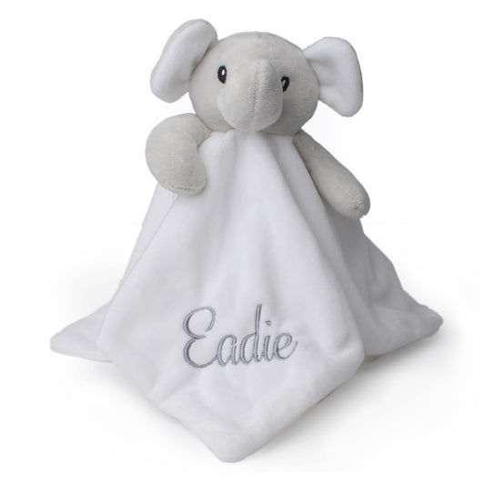 Personalised white elephant baby comforter with embroidered name in soft plush fabric