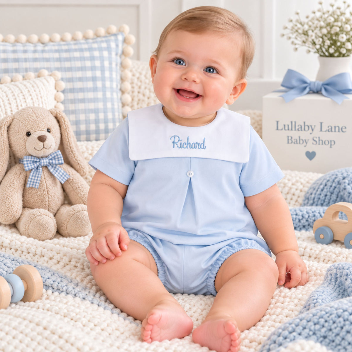 A smiling baby wearing a light blue short-sleeve romper with a white bib collar embroidered with the name 'Richard' sits on a knitted blanket. The scene is styled with a plush bunny toy, a blue gingham pillow, and a sign reading 'Lullaby Lane Baby Shop'.