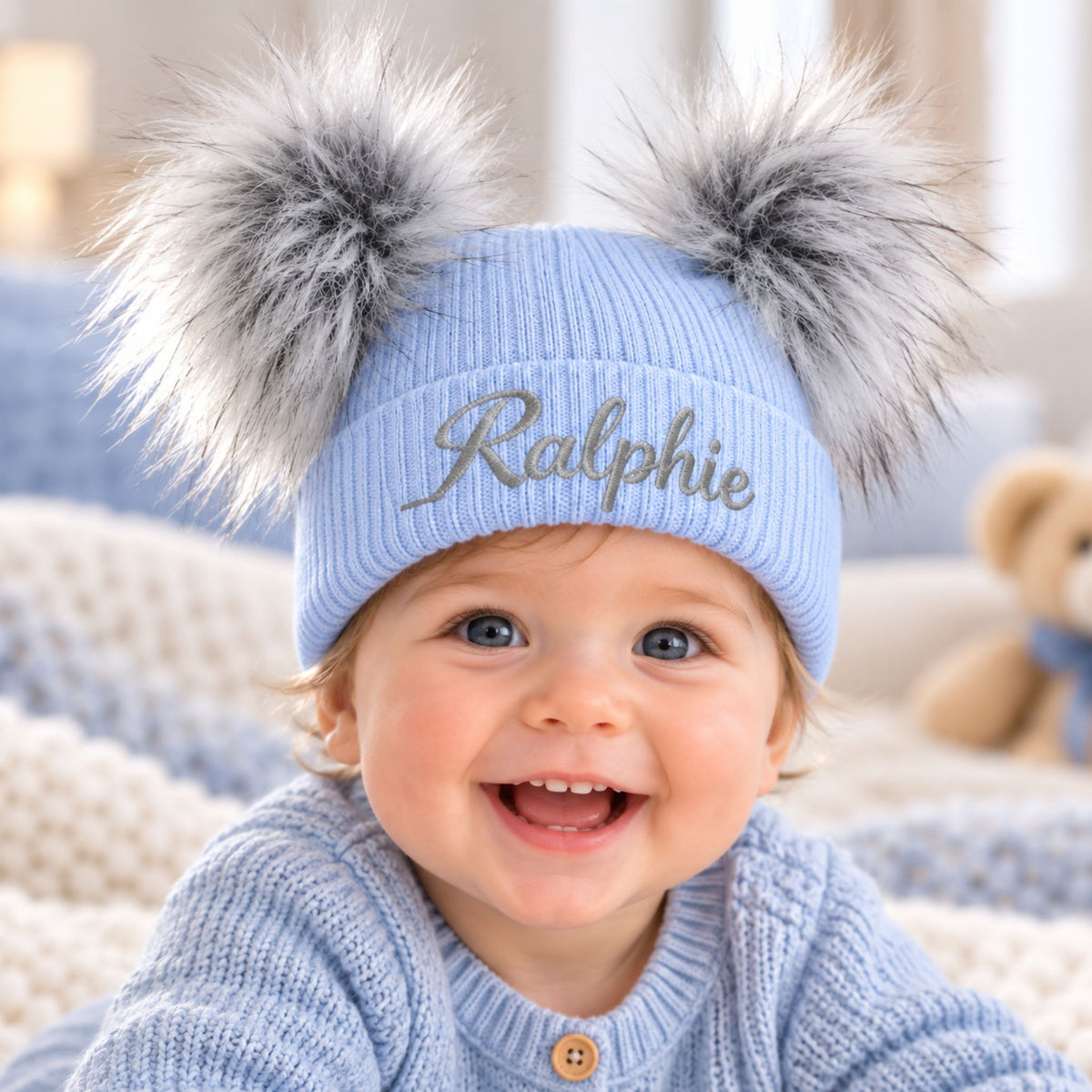 Personalised Baby Blue Double Pom Pom Baby Hat (6–12 Months)