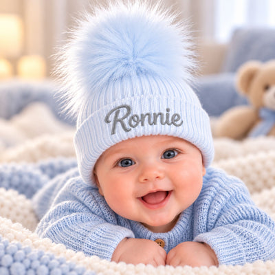 Personalised Pastel Blue Baby Pom Pom Hat | Newborn to 6 Months
