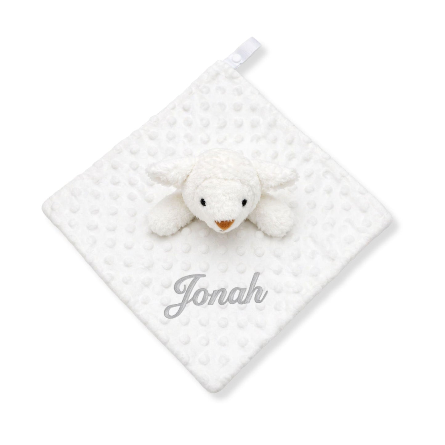 Personalised white lamb baby comforter with name embroidery, soft plush lamb head and textured comfort blanket