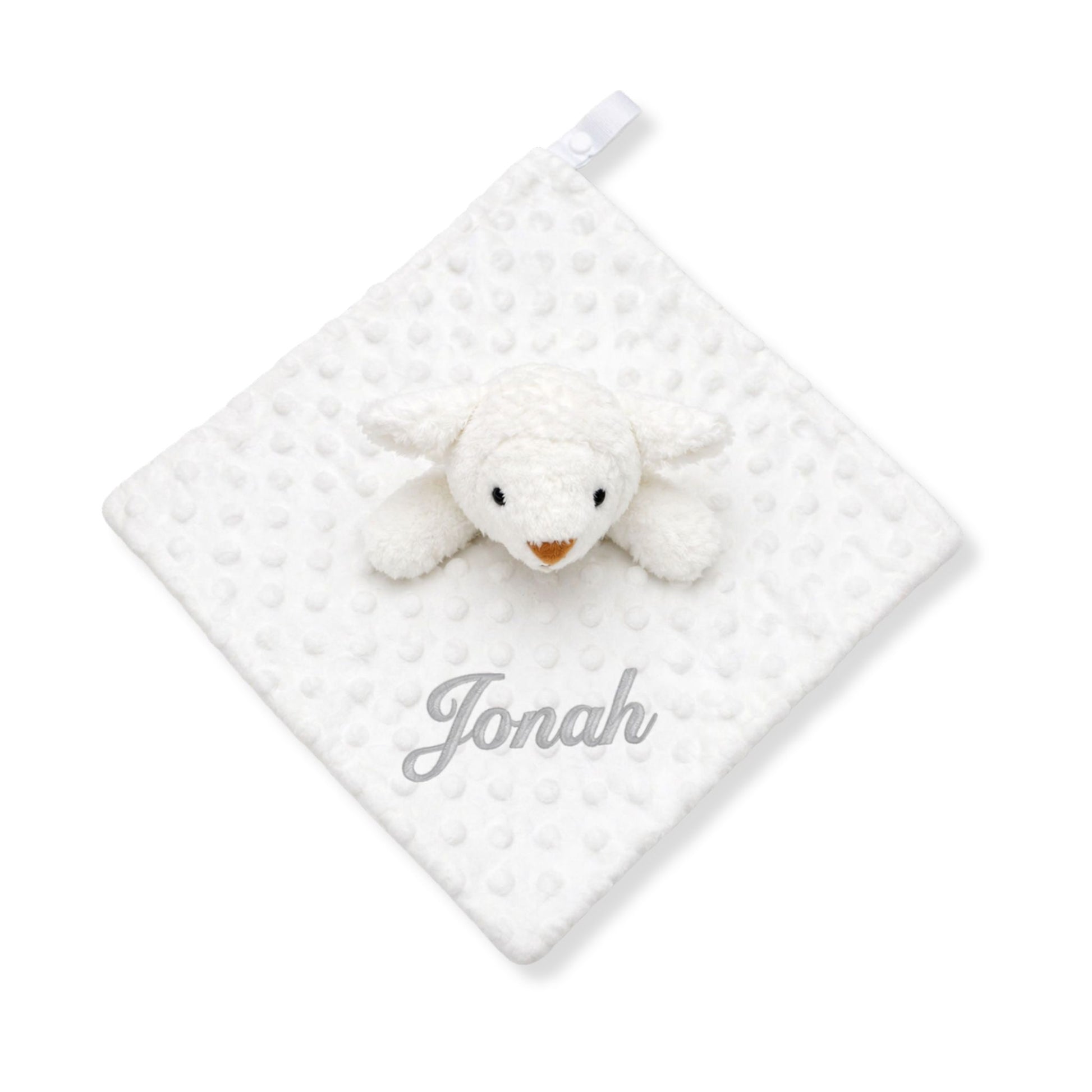 Personalised white lamb baby comforter with name embroidery, soft plush lamb head and textured comfort blanket