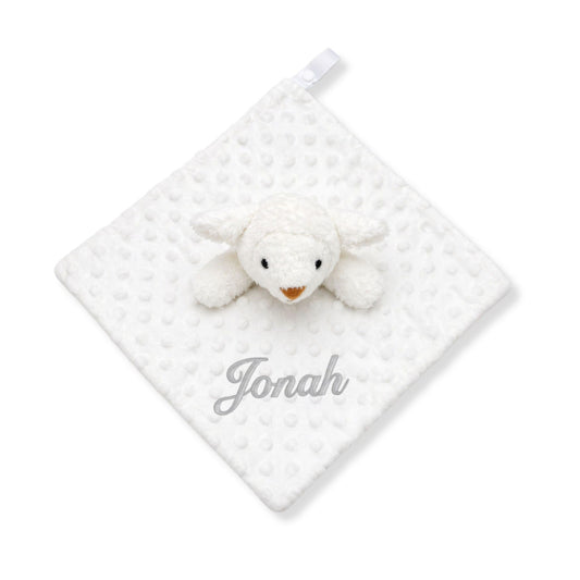 Personalised white lamb baby comforter with name embroidery, soft plush lamb head and textured comfort blanket
