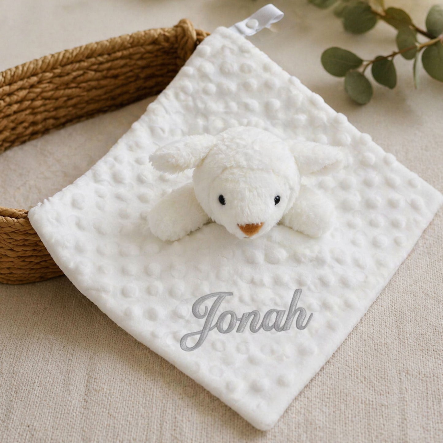 Personalised White Lamb Baby Comforter with Name Embroidery