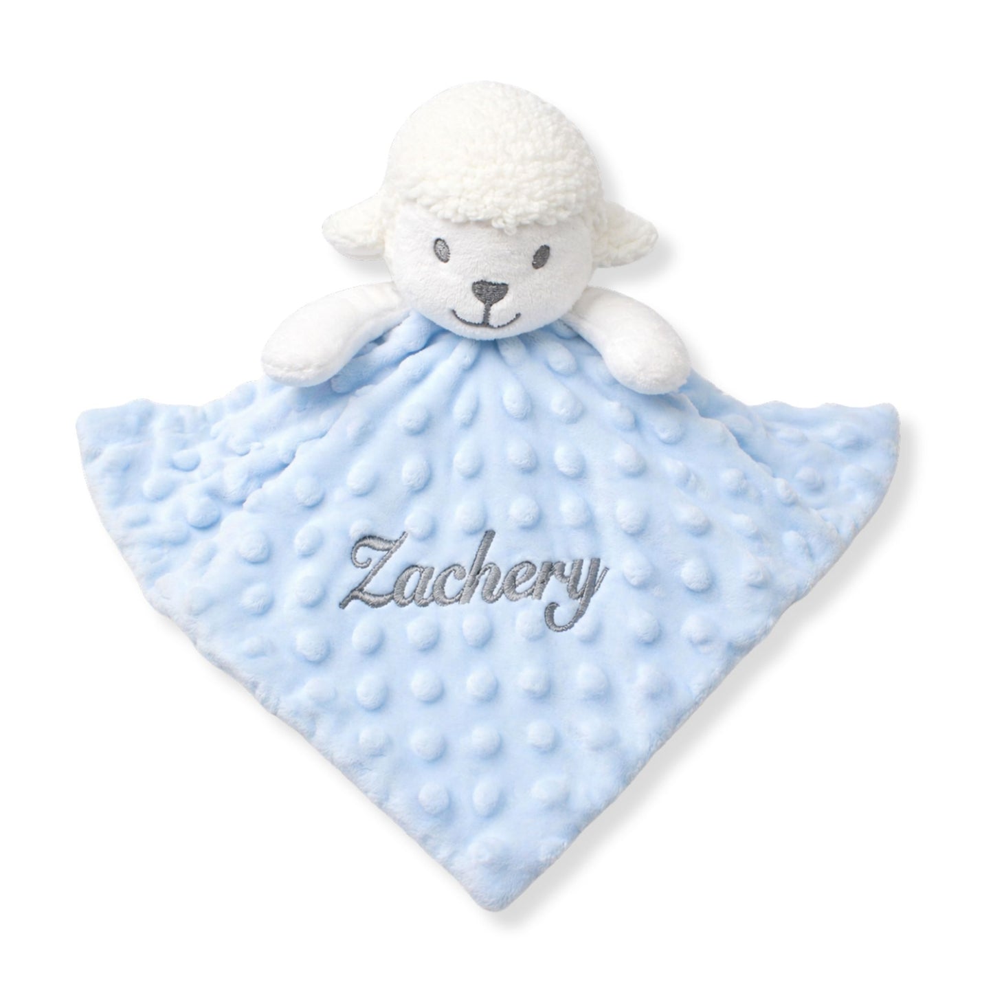 Personalised blue lamb baby comforter with embroidered name in soft plush fabric