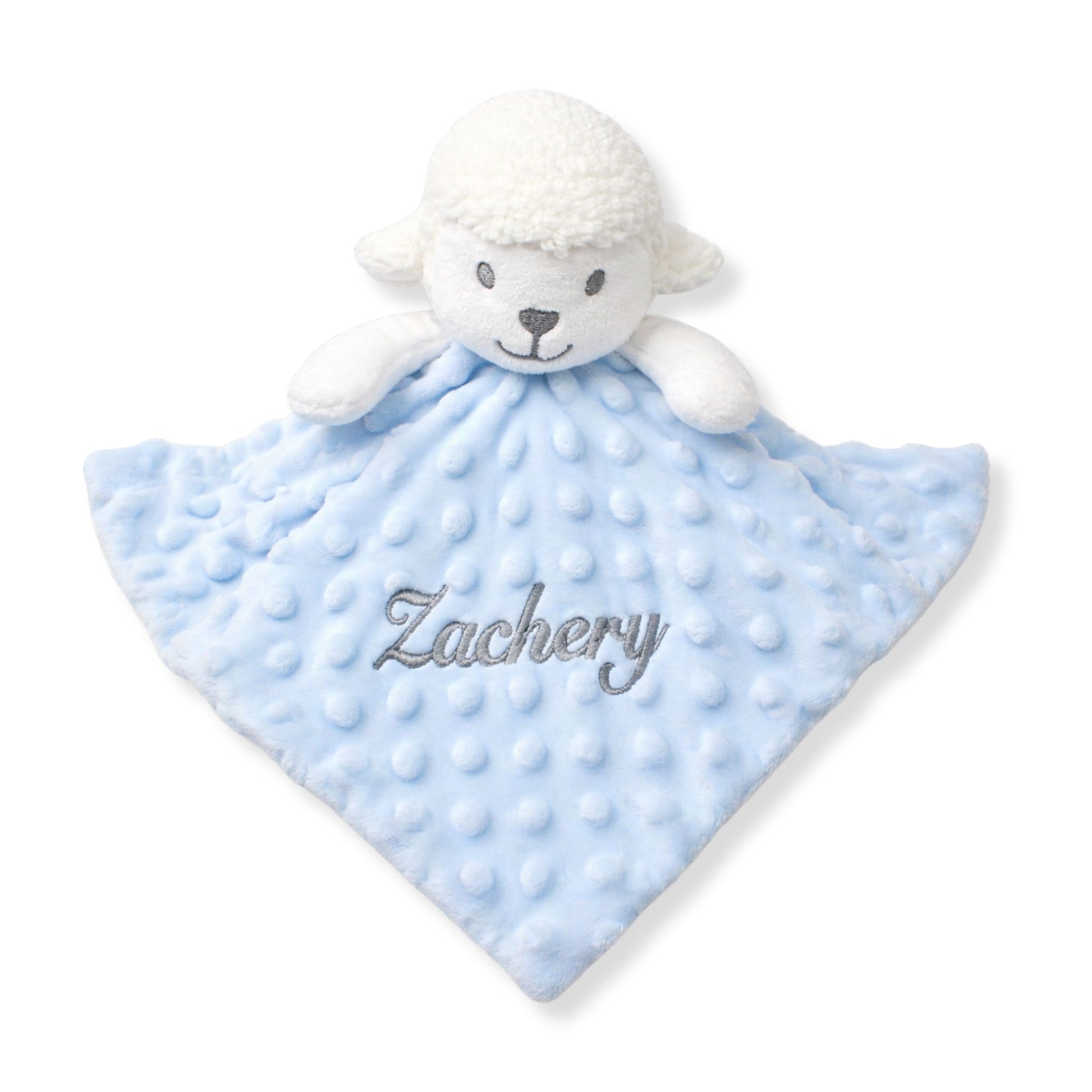 Personalised blue lamb baby comforter with embroidered name in soft plush fabric