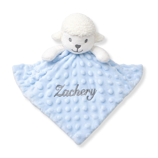 Personalised blue lamb baby comforter with embroidered name in soft plush fabric