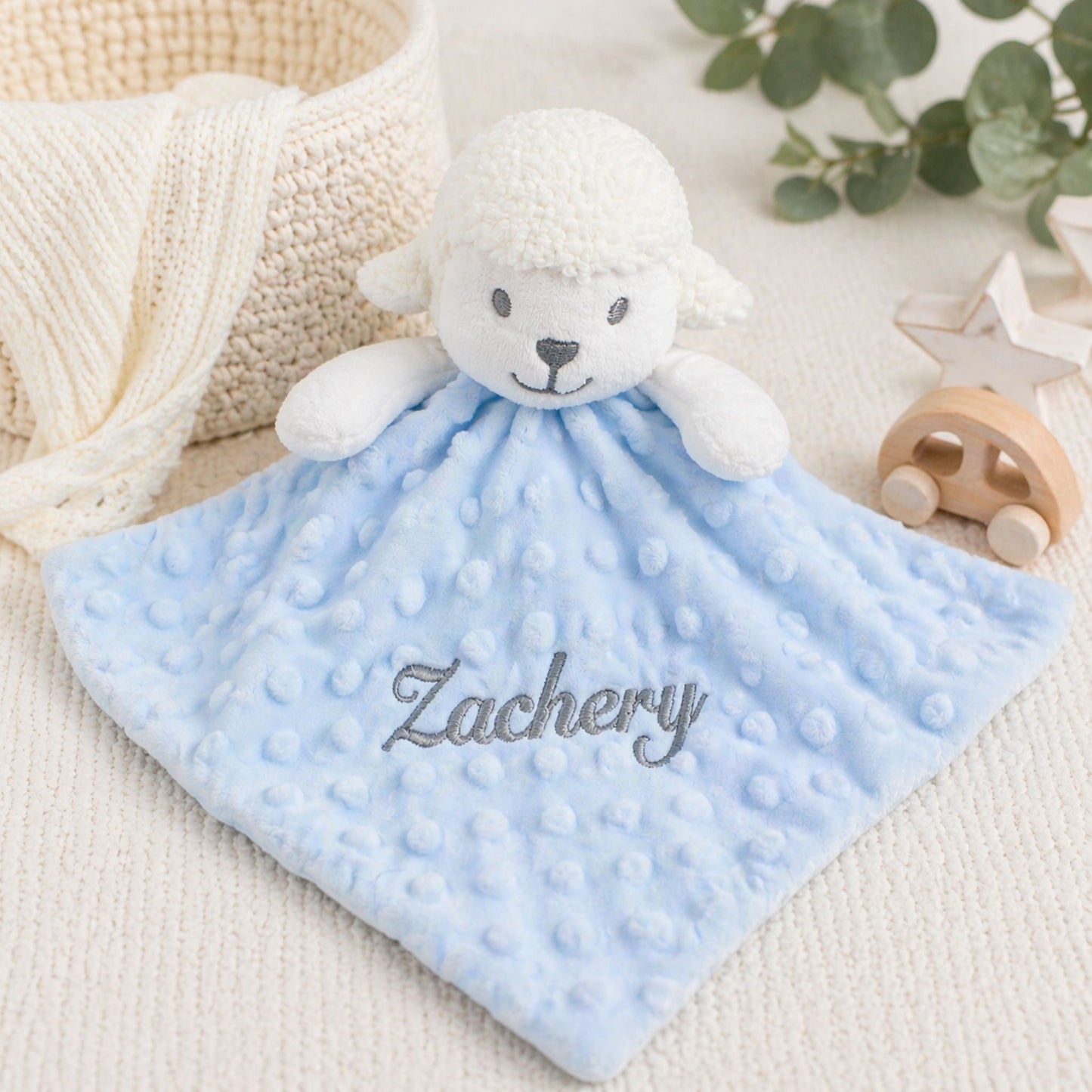 Personalised Blue Lamb Baby Comforter with Embroidered Name