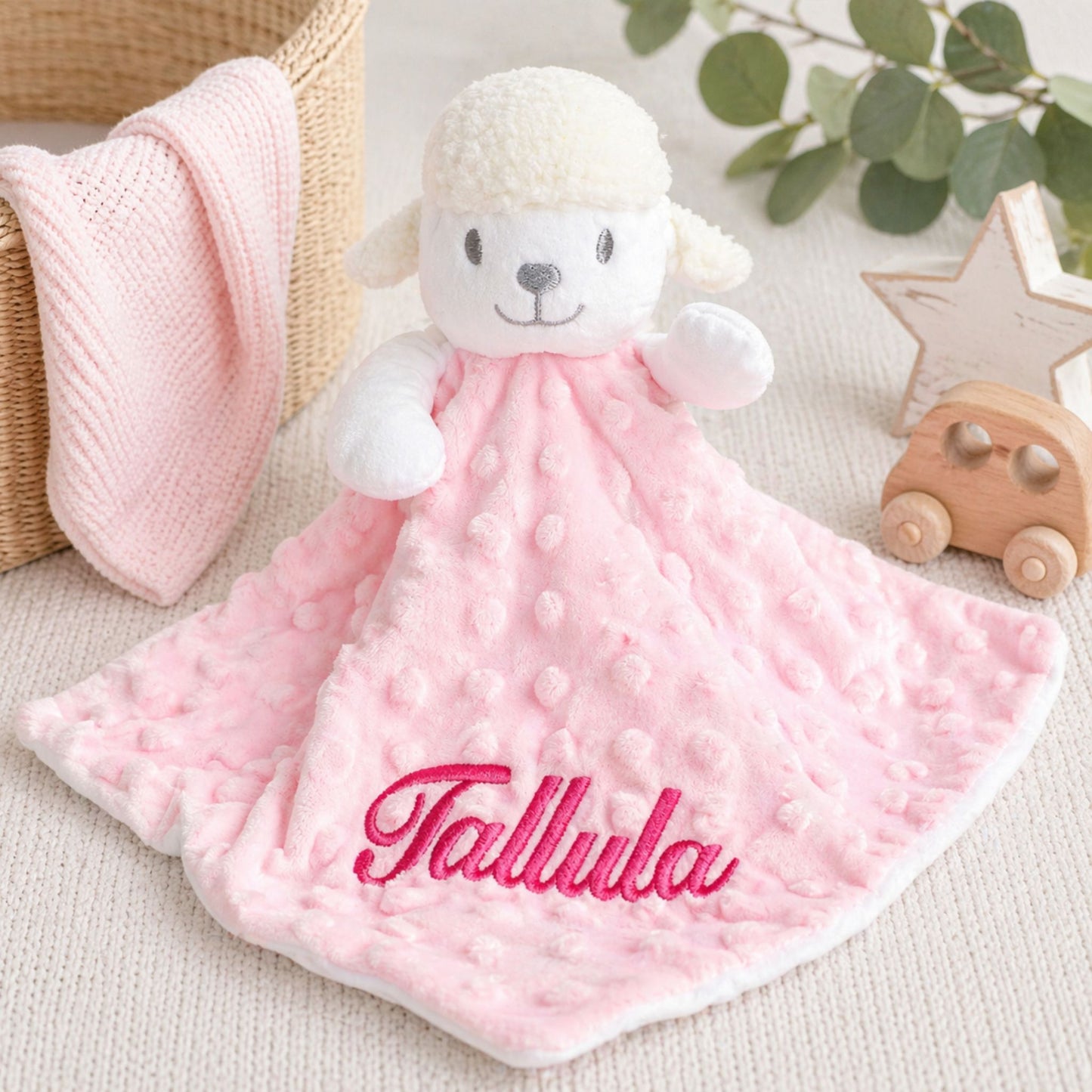 Personalised Pink Lamb Baby Comforter with Embroidered Name