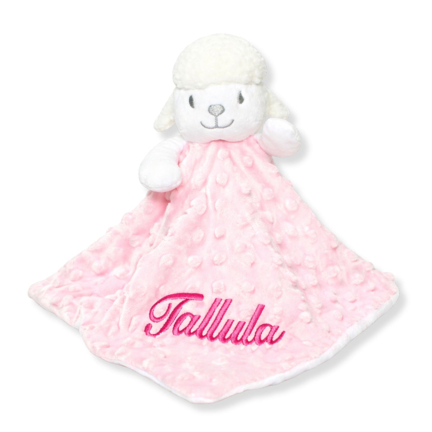 Personalised pink lamb baby comforter with embroidered name in soft plush fabric