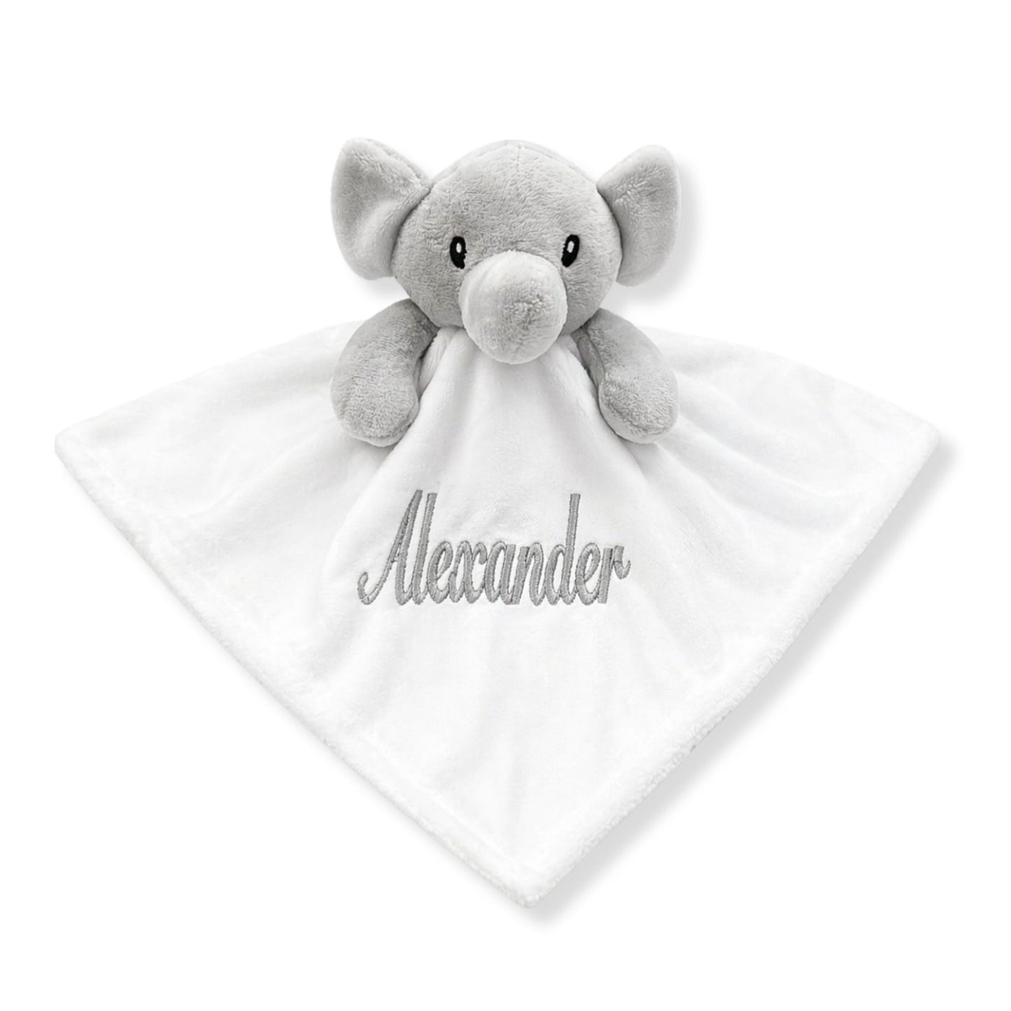 Personalised white elephant baby comforter with embroidered name in soft plush fabric