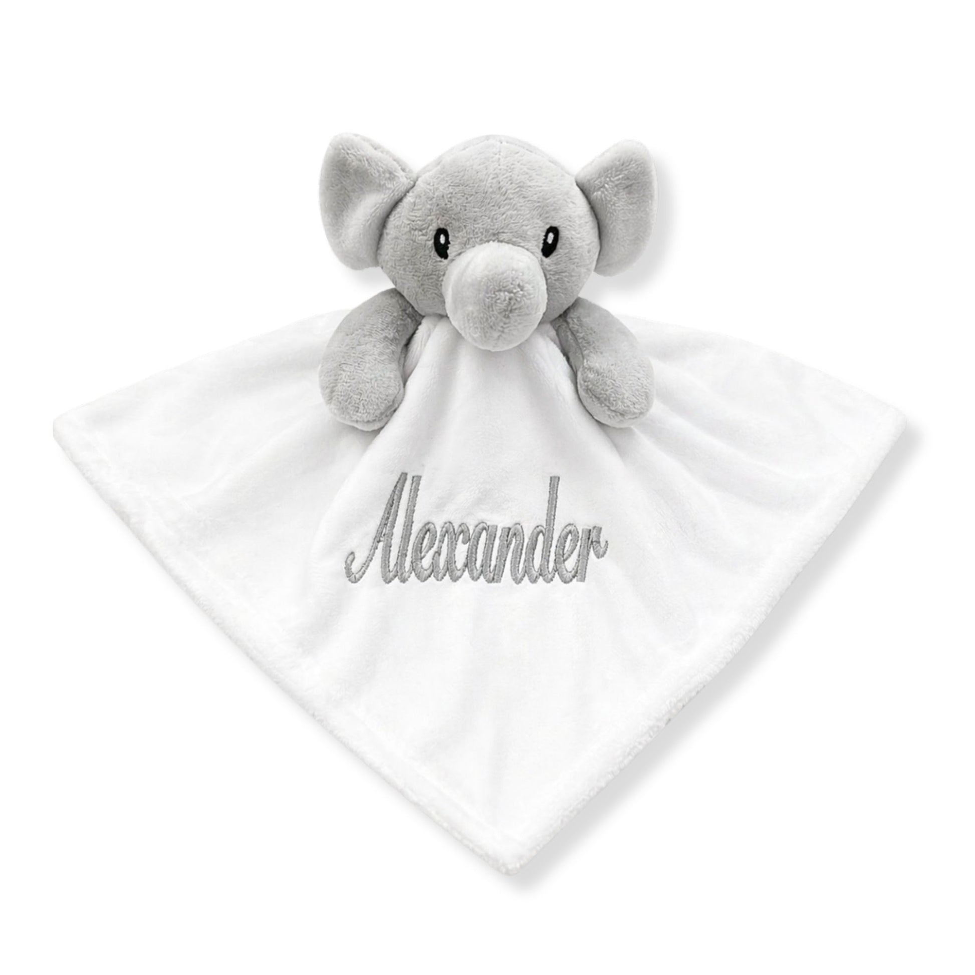 Personalised white elephant baby comforter with embroidered name in soft plush fabric