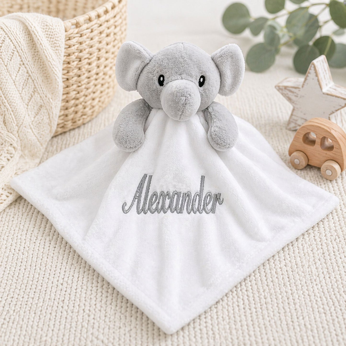 Personalised White Elephant Baby Comforter with Embroidered Name