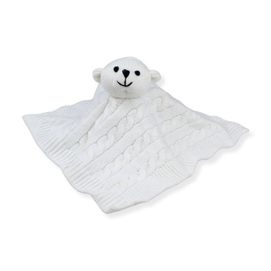 white knitted baby comforter teddy bear cable knit newborn