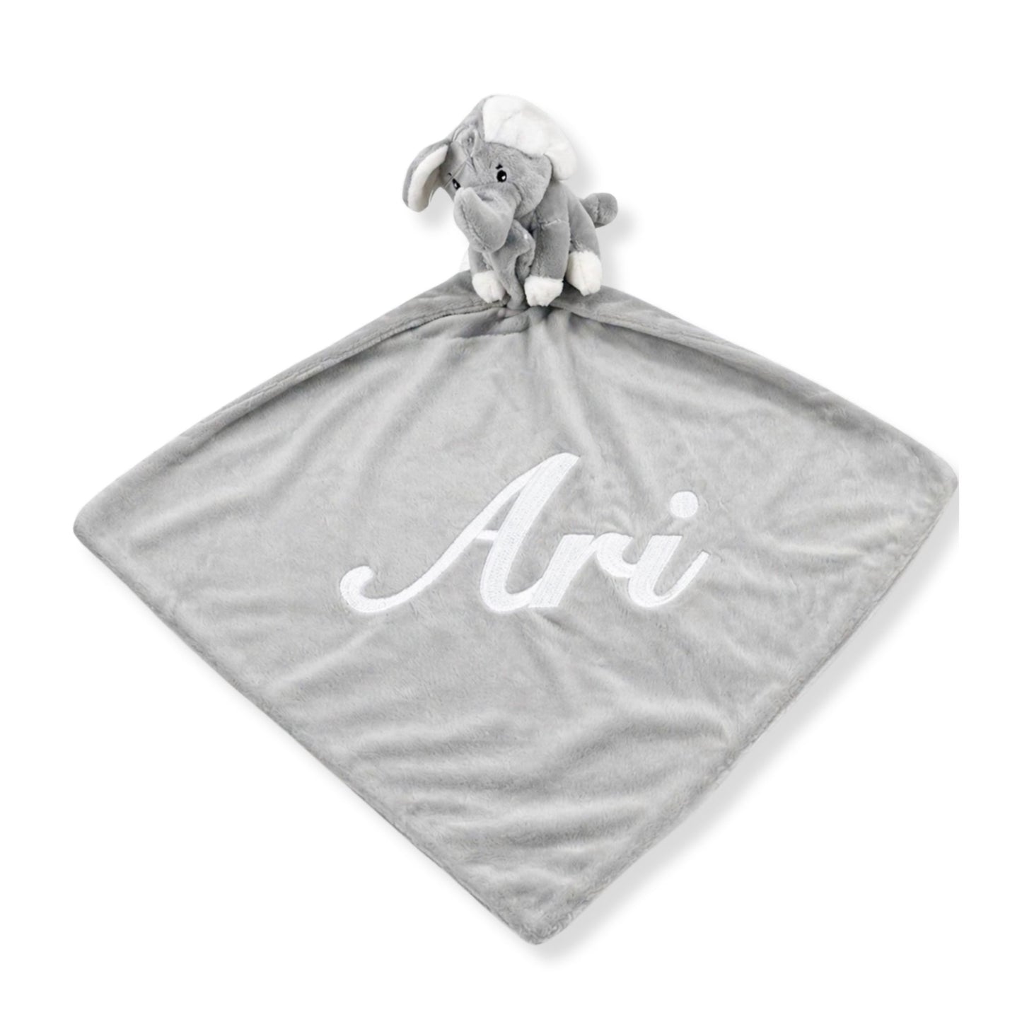 Personalised grey elephant baby comforter with embroidered name in a soft nursery setting