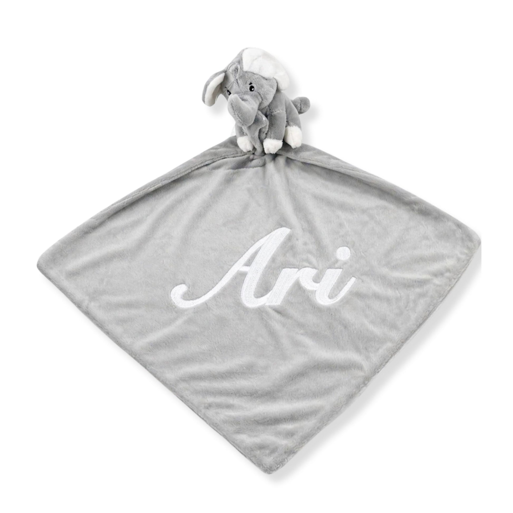 Personalised grey elephant baby comforter with embroidered name in a soft nursery setting