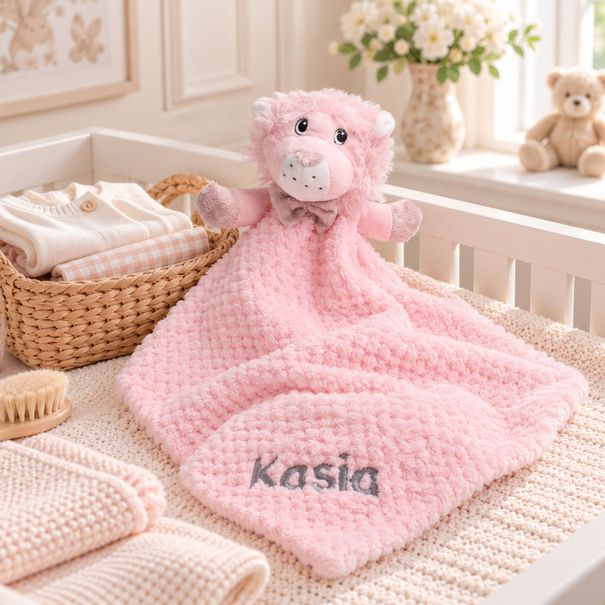 personalised comfoter baby pink lion