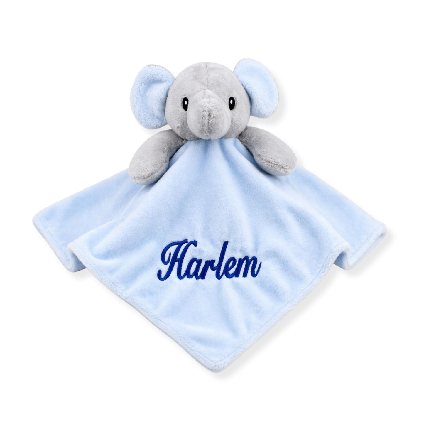 Personalised blue elephant baby comforter with embroidered name on soft plush fabric