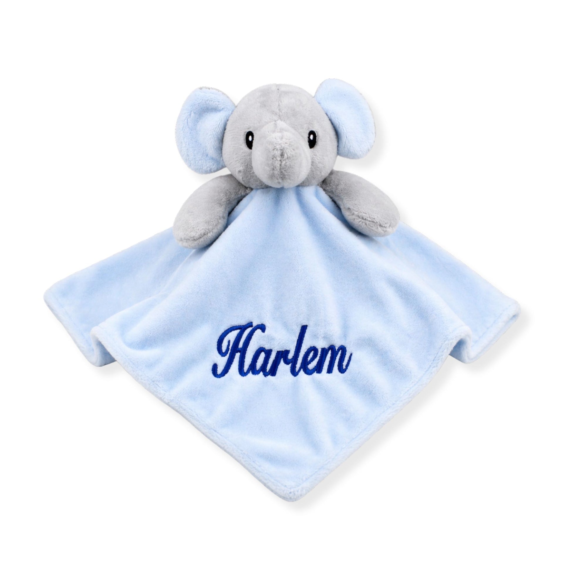 Personalised blue elephant baby comforter with embroidered name on soft plush fabric