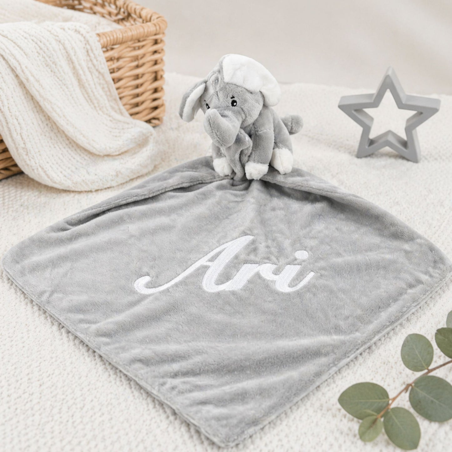 Personalised Grey Elephant Baby Comforter with Embroidered Name